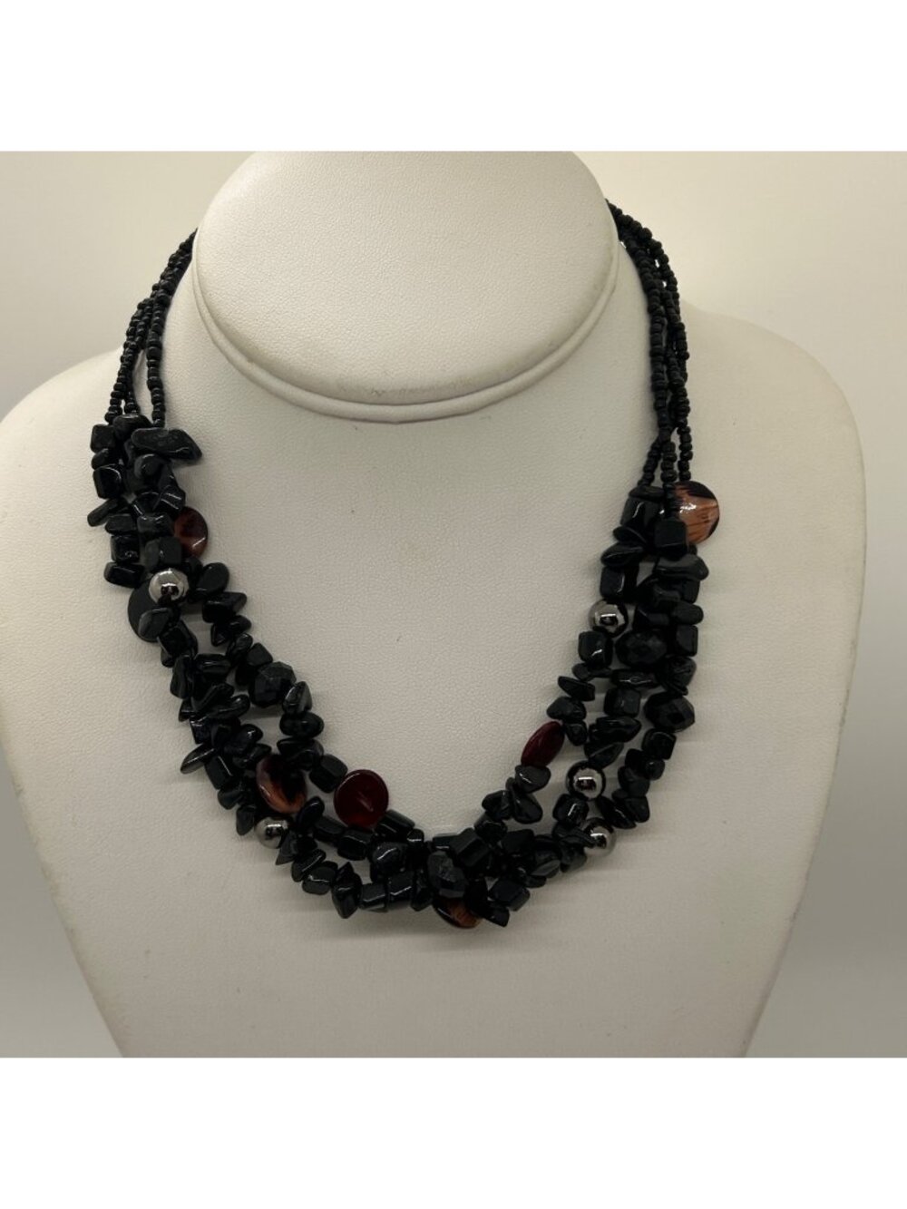 Erica Lyons Multi Strand Black Chip Polished Beaded Statement Bib Collar Necklac